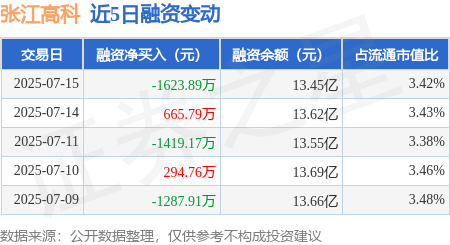 赚配网 张江高科：7月15日融资买入4458.5万元，融资融券余额13.76亿元
